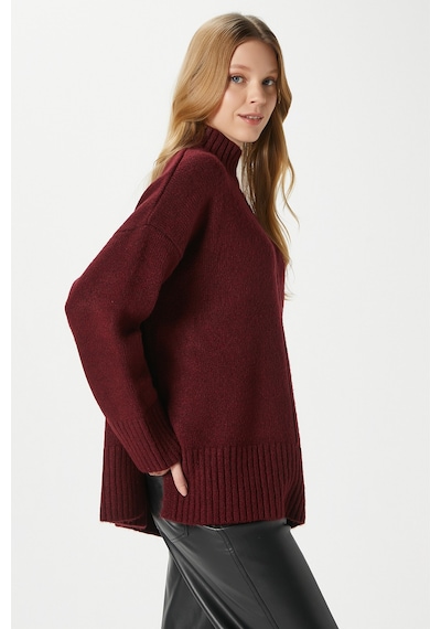 Ritnice Kadın Wonder Yumuşacık Dik Yaka Bordo Yırtmaçlı Oversize Triko Kazak Bordo