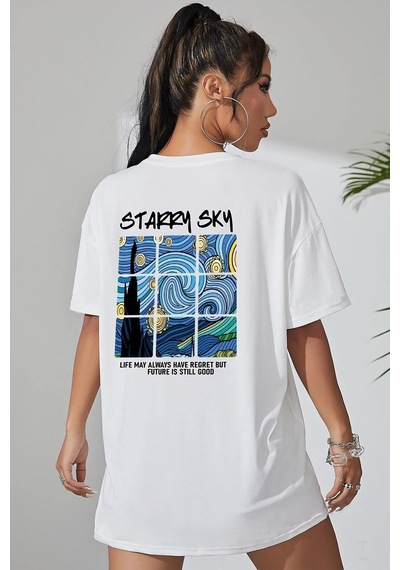 Uyguntarz Starry Sky Baskılı Unisex Oversize Tshirt Beyaz