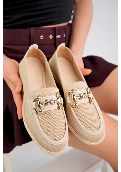 Aymood Kadın Nude Zincir Tokalı Kalın Taban Pu Deri Günlük Klasik Topuklu Loafer Makosen Ayakkabı F Krem Te Krem