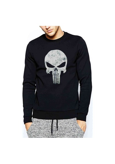 Punisher Baskılı Siyah Erkek Örme Sweatshirt