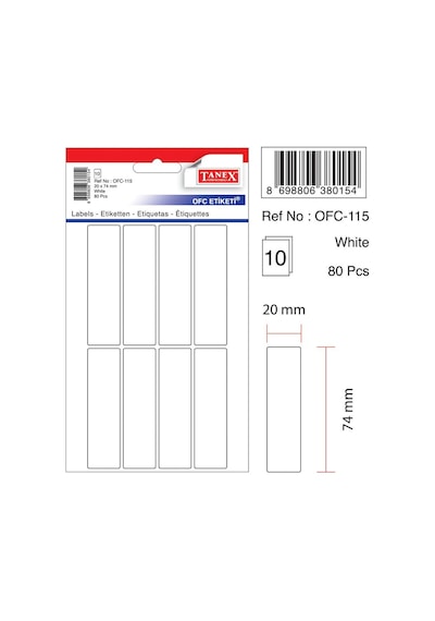 Tanex Ofc-115 Çıkartma Etiket 20X74 Mm Beyaz 80 - Renkli 40 Beyaz