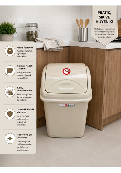 Plastik Elegance 7,5 Litre Sallanır Kapaklı Çok Amaçlı Çöp Kovası Krem