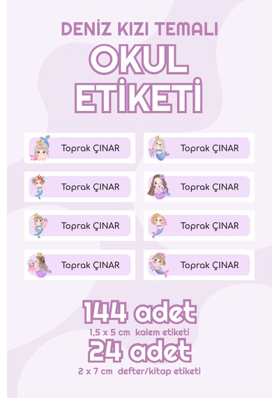 Deniz Kızı Temalı Isimli Okul Etiketi Defter Kalem Kitap Sticker