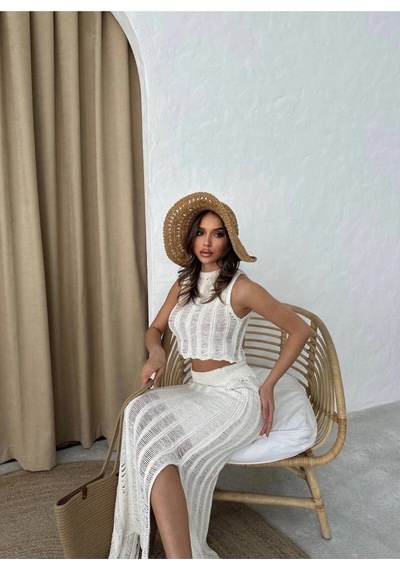 Ecenin Favorileri Triko Crop Etek Takım Ekru