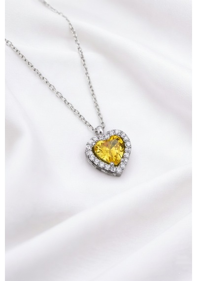 Çekirdekjewelry 925 Ayar Gümüş Zirkon Taşlı Kalplı Kolye Gri Sarı