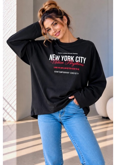 Bb Butik Basic Kadın Baskılı Bol Kollu Oversize İnce Sweatshirt Trend Model Mu3535 siyah
