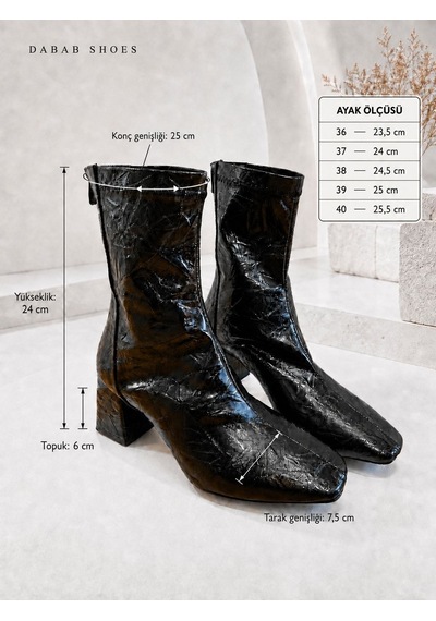 Dabab Shoes Janıce Kadın Siyah Küt Kare Burun Kırışık Desenli Rugan Streç Arkadan Fermuarlı 6 Cm Kalın Topuklu Bot Bootie