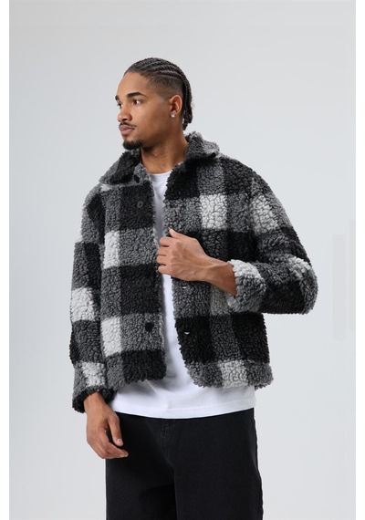 Vamos Oversize Peluş Ekose Ceket Siyah