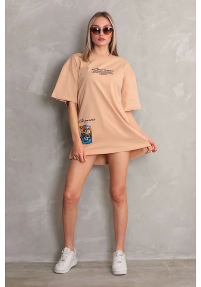 Wear Vexel Kadın Bisiklet Yaka Baskılı Oversize Kısa Kol T-shirt - Bej Bej