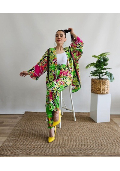 İpli Yeşil Renk Etnik Desenli Viskon Kumaş Kimono Takım Yeşil