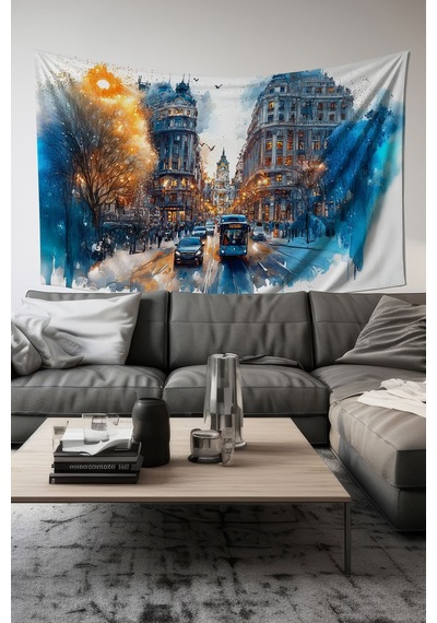 Kış Şehir Manzarası Desenli Duvar Halısı Duvar Örtüsü Tapestry Süet Dokulu Kumaş