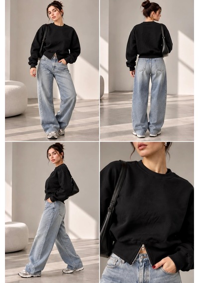 Bbbutikbasic Fermuar Detaylı Şardonlu 3 İplik Kadın Sweatshirt My3535 siyah