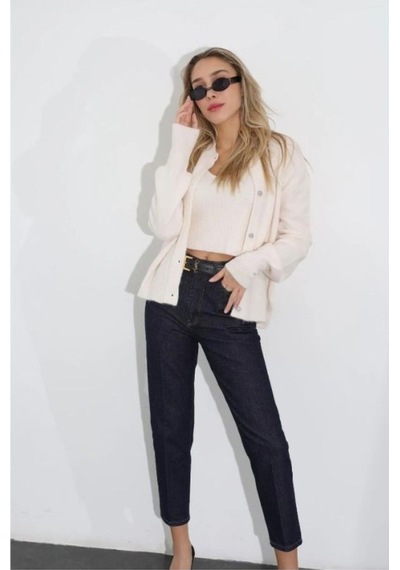 Koyu Mavi Likralı Mom Fit Rahat Kesim Jean Kot Pantolon Koyu Mavi