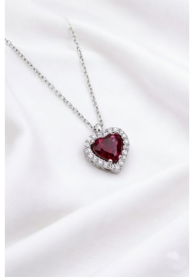 Çekirdekjewelry 925 Ayar Gümüş Zirkon Taşlı Kalplı Kolye Gri Kırmızı