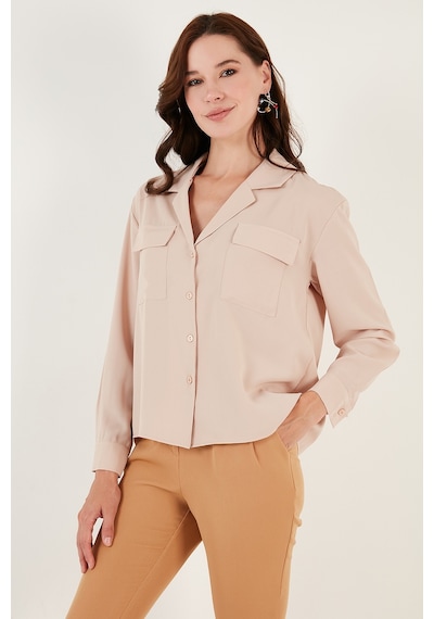 Lela V Yaka Çift Cepli Regular Fit Dokuma Bayan Gömlek 611Go00016 Taş