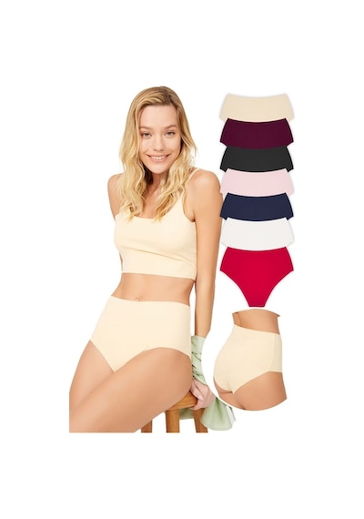Cottonhill Yüksek Bel Basic Lazer Kesim Bikini Külot 7'Li Paket - 2-Çok Renkli-M Çok Renkli