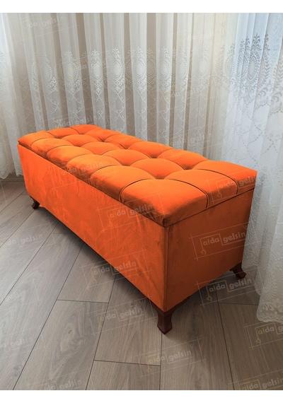 Çizgi Kapitoneli Sandıklı Puf 90 Cm Ceviz Ayak Turuncu