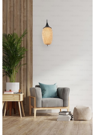 Boja Bambu Siyah Detay Aplik 23x37 Cm İskandinav, Modern, Bohem, Rattan, Aydınlatma Bej