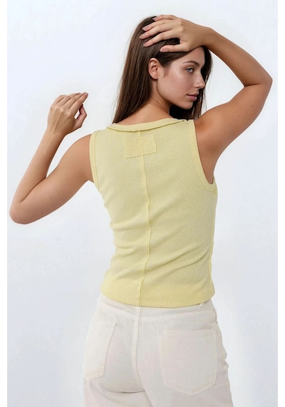 Hiccup V Yaka Ters Dikiş Detaylı Kolsuz Slim Fit Örme Üst Sarı