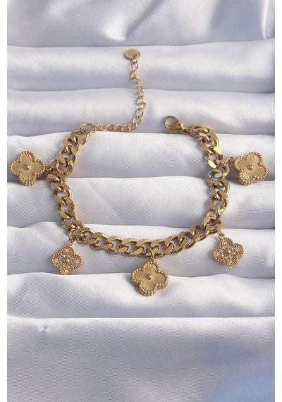 Ezoconcept 316l Çelik Gold Renk Zirkon Taşlı Yonca Model Bileklik 001