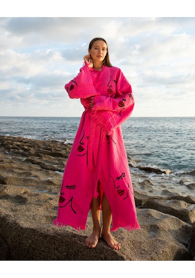 Befera Müslin Kimono Pamuklu Kadın Silüeti Desenli Bornoz Kaftan Sabahlık Fuşya