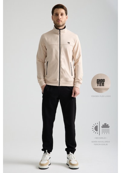Shooter Sportswear Shooter Erkek Luxe Eşofman Takımı Rahat Kalıp Manşetli Minimal Logo Bej