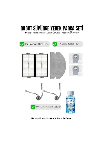 Roborock Saros 20 Sonic İle Uyumlu 2 Yan Fırça 2 Filtre 2 Mop 1 Deterjan 2 Toz Torbası 5.0