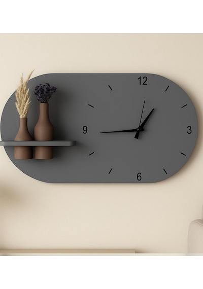 Modern Tasarım Raflı Nera Duvar Saati 75x45 Gri