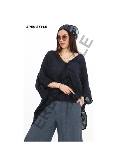 Eren Style Bohem Kuruvaze Tek Düğmeli Keten Bluz-9884 Lacivert