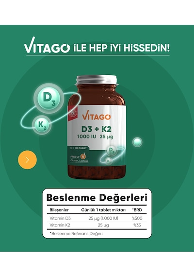 Vitago Vitamin D3 Ve Vitamin K2 İçeren Tablet Takviye Edici Gıda 100 Kapsül