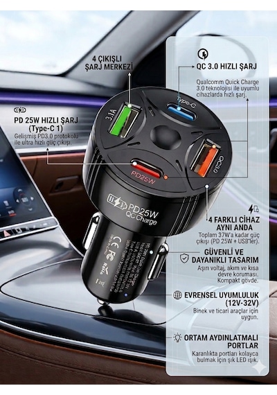 Super Şarj 4 Port Pd25w, Qc3.0, Araç Şarjı Çakmaklık, 2x Usb 2x Type-c, Çoklayıcı, 12-24v, 5v/6a Max