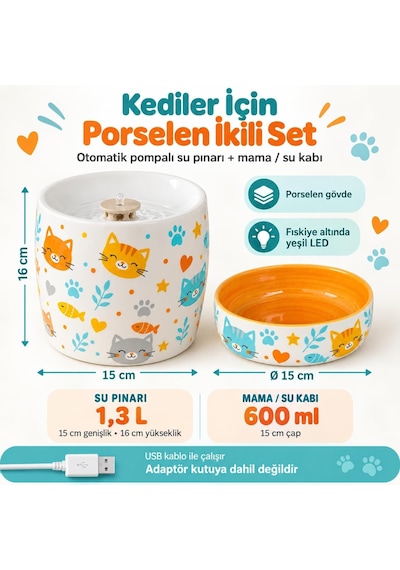 Kedi Porselen Su Pınarı Ve Mama Kabı 2'li Set Otomatik Filtreli Pompalı Seramik Su Sebili, 1.3 L, 600 Ml Kase, Led Işıklı, Sari-kedi