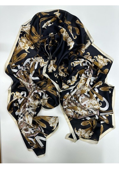 Miorel Scarfs Yeni Sezon Çiçek Desen Ekose Zincir Vual İpek Şal Premium Siyah