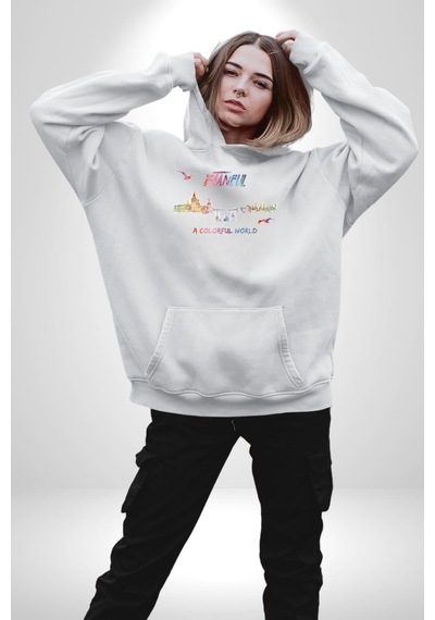 İstanbul Özel Tasarım Kadın Erkek Beyaz Kapüşonlu Sweatshirt Hoodie Beyaz