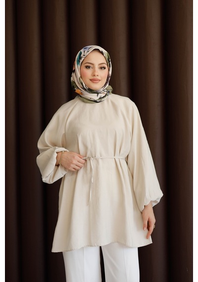 Moonsc Kadın Balon Kol Bel Bağlamalı Pamuklu Bisiklet Yaka Standart Beden Taş Tunik Tesettür Gömlek Bej