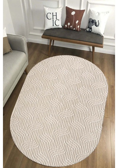 Raschel Carpet Kaymaz Taban Moopy Oval Krem Bukleli Yumuşak Soft Dokuma Yolluk Halı Salon Halısı Lp1003a Krem Krem