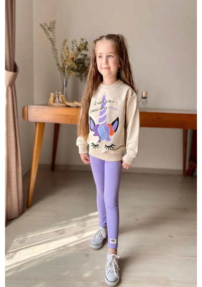 Koçak Kids Unicorn Desenli Kız Çocuk Lila Renk Taytlı Takım Yeşil