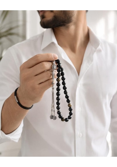 Gold Obsidyen Tesbih Premium Kalite 8 Mm Parlak Faset Kesim Tesbih Şık Tasarım Siyah