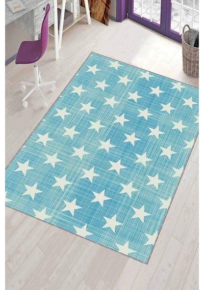 Mavi Kaymaz Tabanlı Yıkanabilir Yıldızlı Bebek Halısı Kd079n11