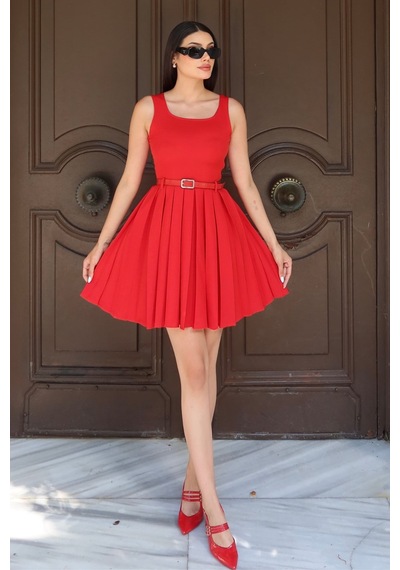 Kechi Woman Double Kumaş Pileli Mini Elbise Kırmızı