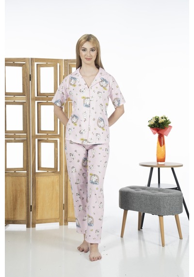 Estiva 24125 Kadın Kittycorn Kısa Kol Önden Düğmeli Yazlık Penye Pijama Takımı 001