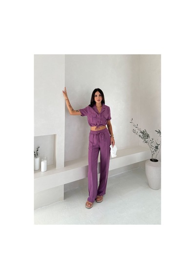 Wellway İthal Keten Kumaş İplik Detaylı Crop Gömlek & Pantolon İkili Takım -mor Mor