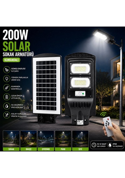 200w - 6500k Solar - Güneş Enerjili Sokak Lambası - Armatür Sensörlü Bahçe-balkon-sokak Ars-348965 Bx40