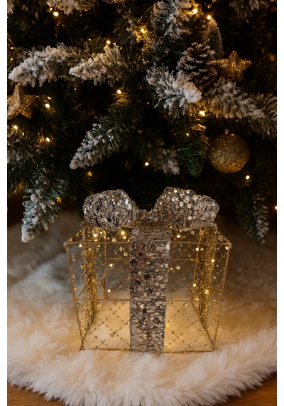 25x25 Cm Yılbaşı Hediye Paketi Metal Süs - Gold Gümüş Payetli Boncuklu Lüks Noel Ağaç Altı Dekorasyonu Diğer