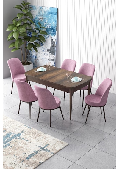Canisa Concept Zen Serisi 80x132 Mdf Açılabilir Barok Ahşap Desen Masa Takımı Ve 6 Pembe Sandalye Pembe Sandalyeler Barok Masa