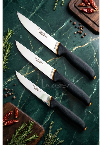 Lazbisa MFT-369 Platinum Serisi Mutfak Bıçak Seti Et Ekmek Sebze Meyve Bıçağı 3 Lü Set Günlük Kullanım Siyah