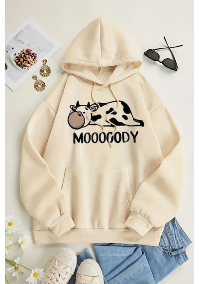 Uyguntarz Mooooody Baskılı Unisex Oversize Sweatshirt Bej