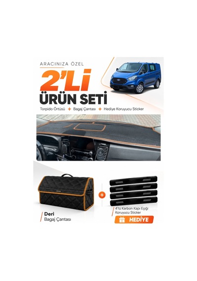 Ford Transit Custom 2016-2024 Uyumlu Torpido Örtüsü + Deri Çanta + Sticker - Siyah Kahverengi