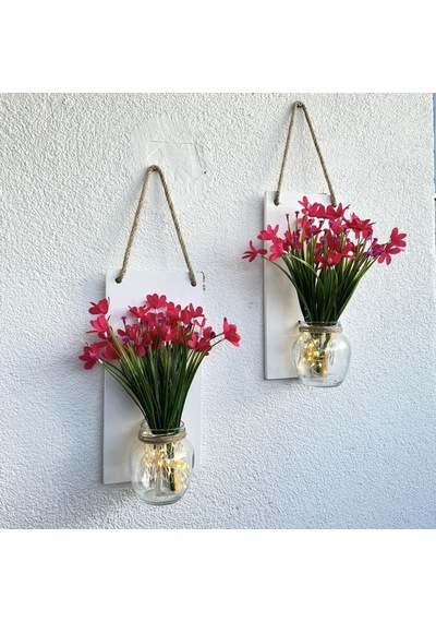 Led Işıklı, Fuşya Nergis Çiçekli Duvar Dekoru Beyaz İkili Set Beyaz
