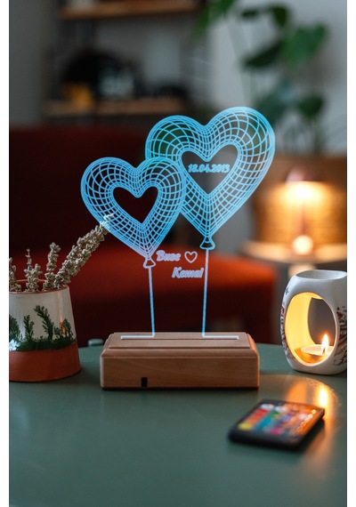 Kişiye Özel 3D 2 Kalpli Balon Masaüstü Led Lamba